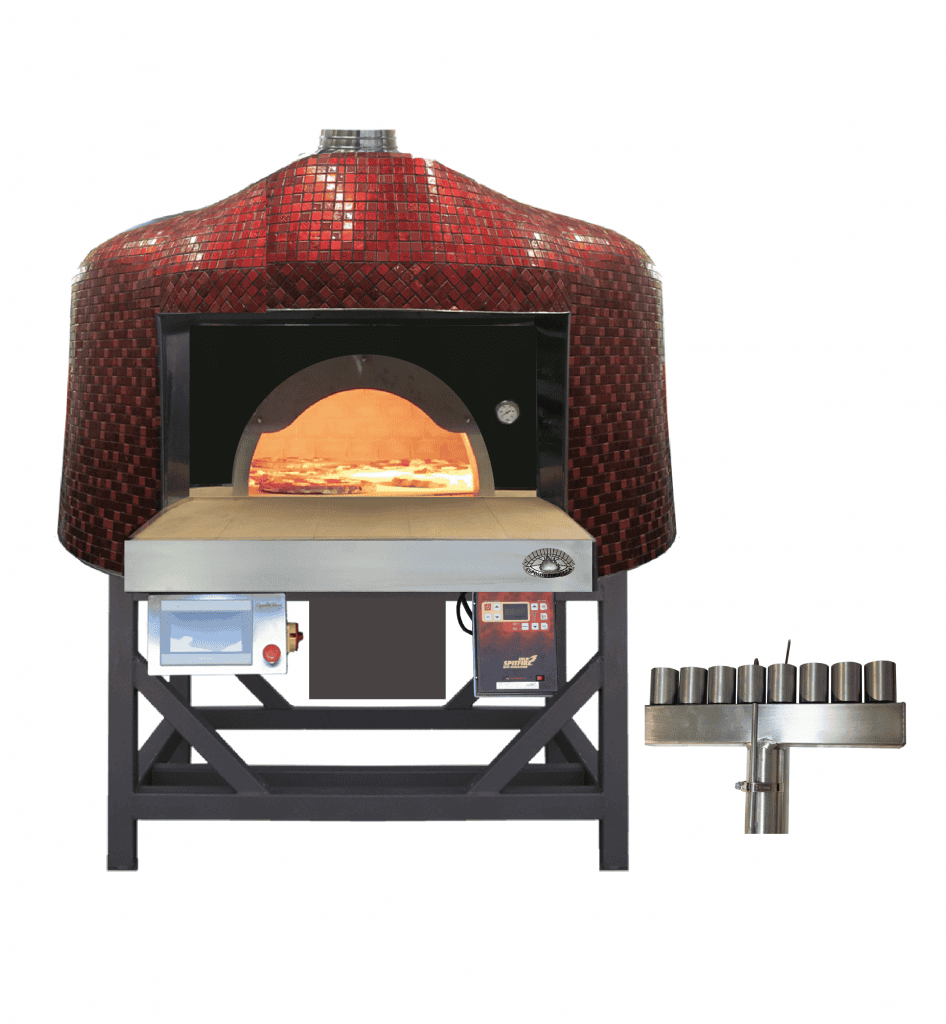 Forno rotante Saetta a legna/gas con sottopiastra a gas, rivestito in  mosaico con arco e cappa inox - Esposito forni - forni a legna artigianali  per pizzerie e panifici
